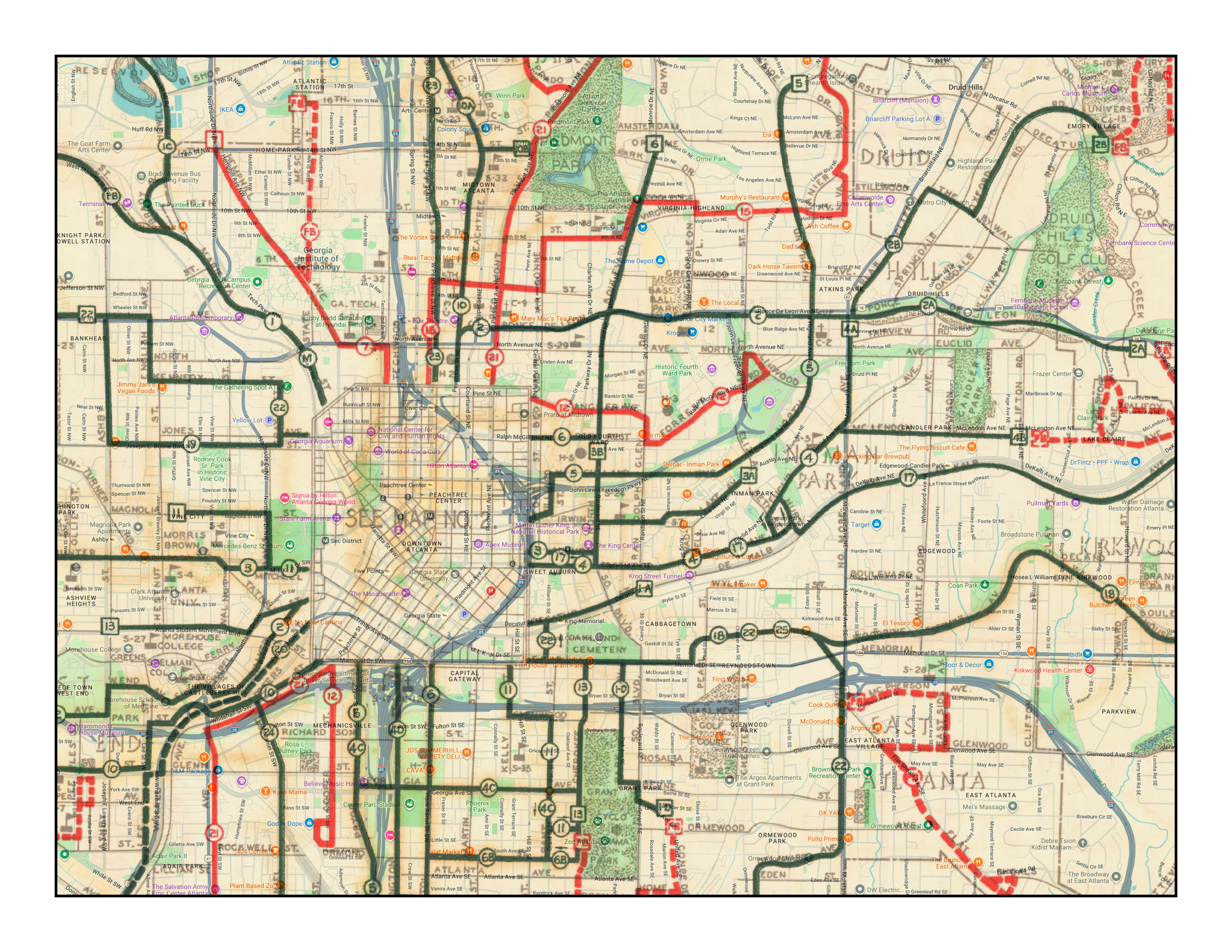 Historical Atlanta streetcar map circa 1950 overlaid on Google Maps