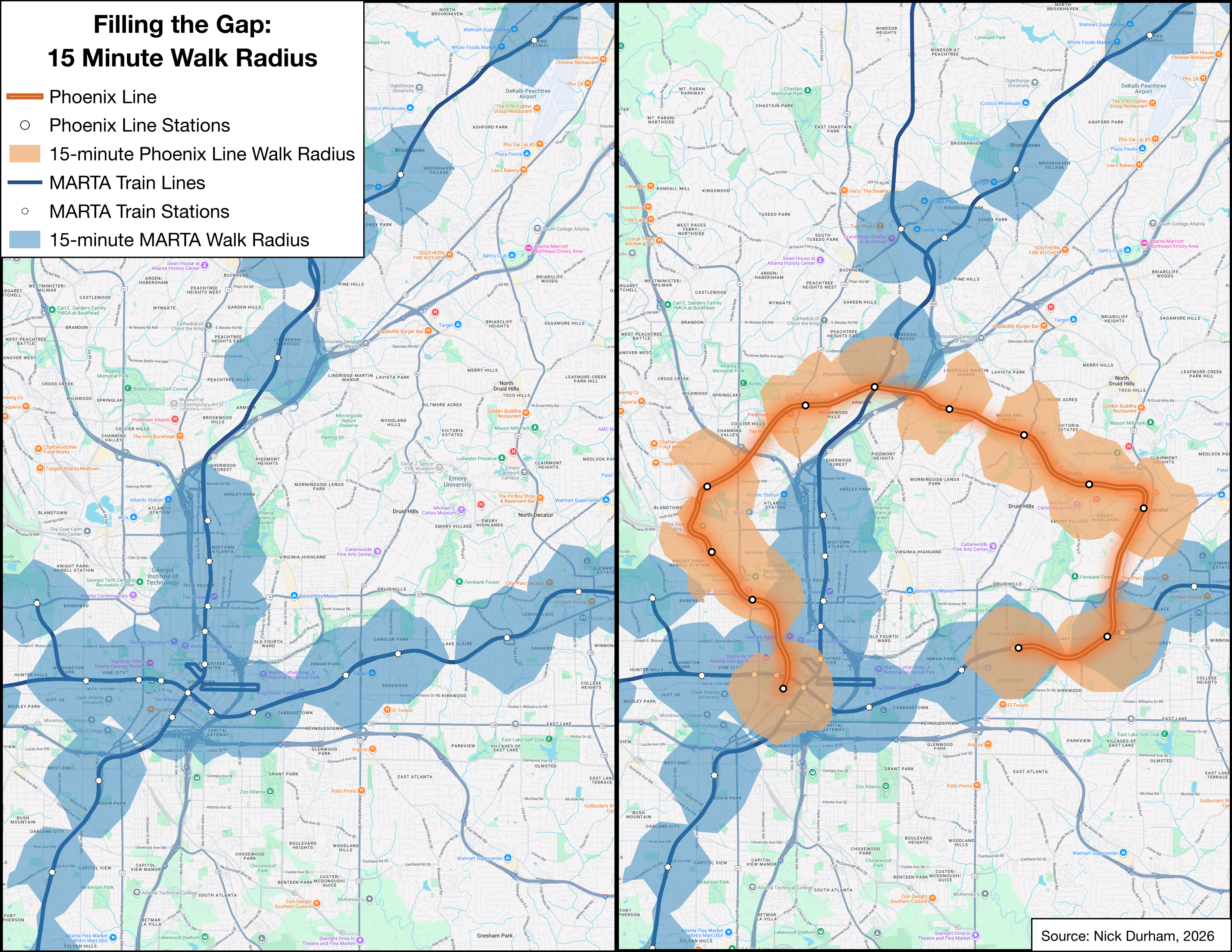 15-minute walk radius: Phoenix Line vs. MARTA