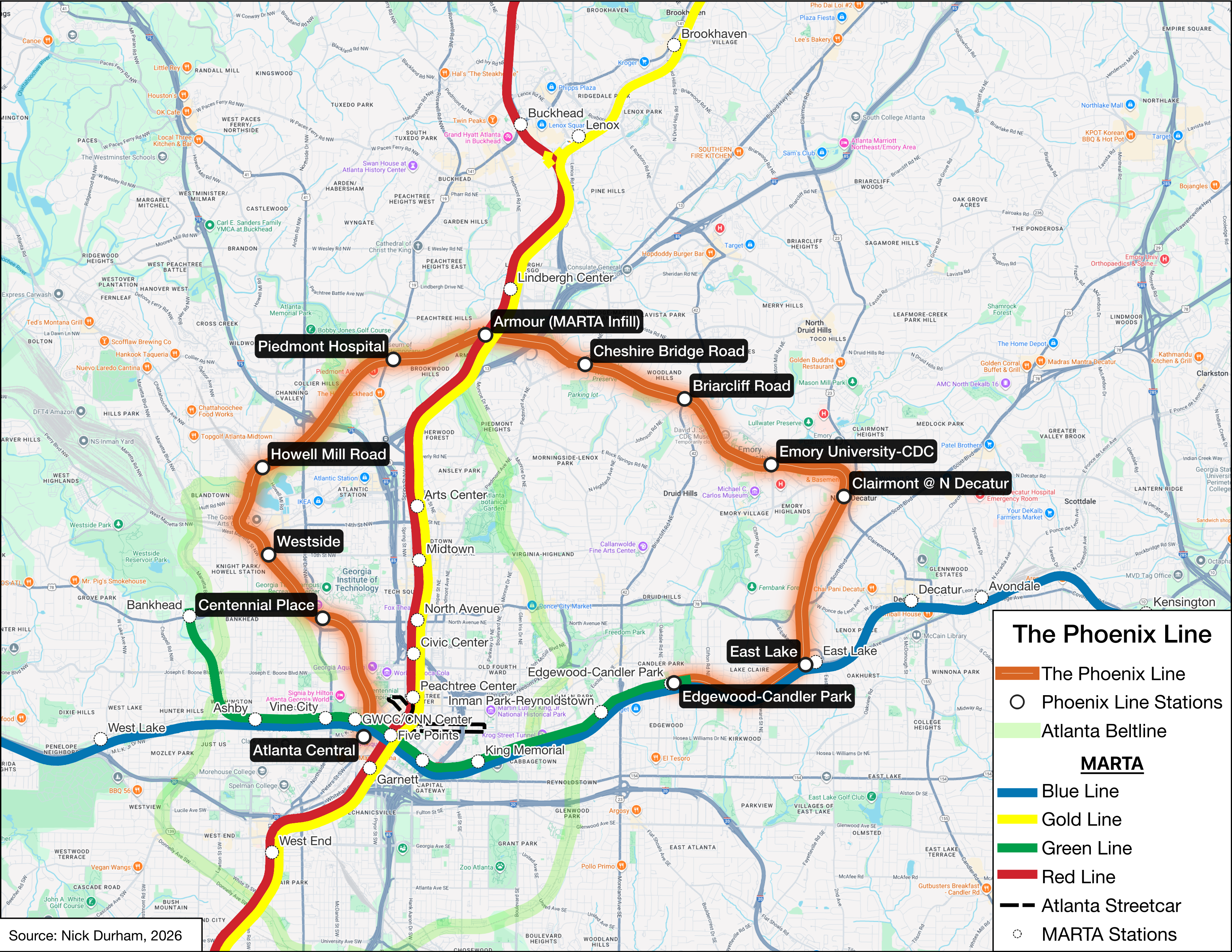 The Phoenix Line Route Map — 12 stations across Atlanta