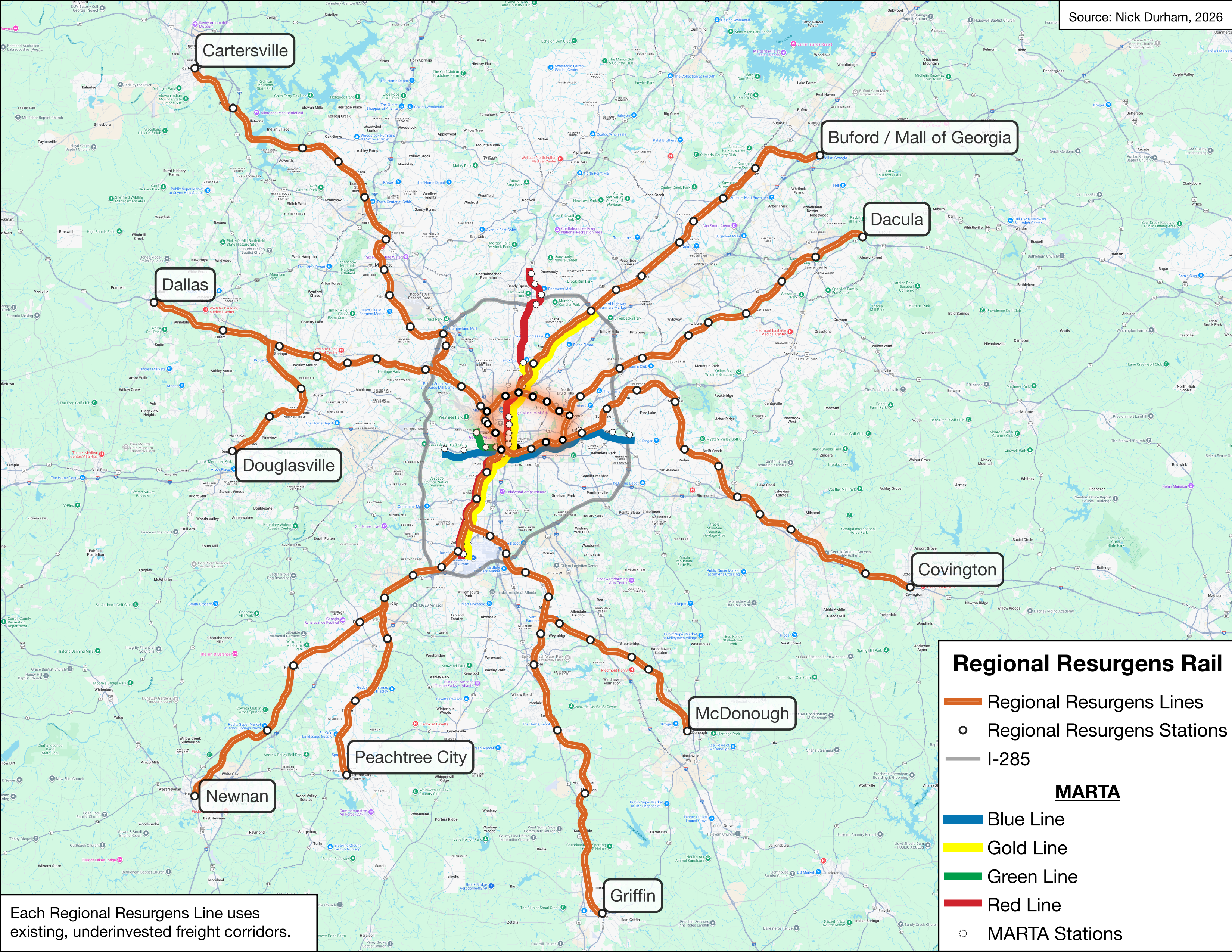 Regional Resurgens Rail Network using existing freight corridors